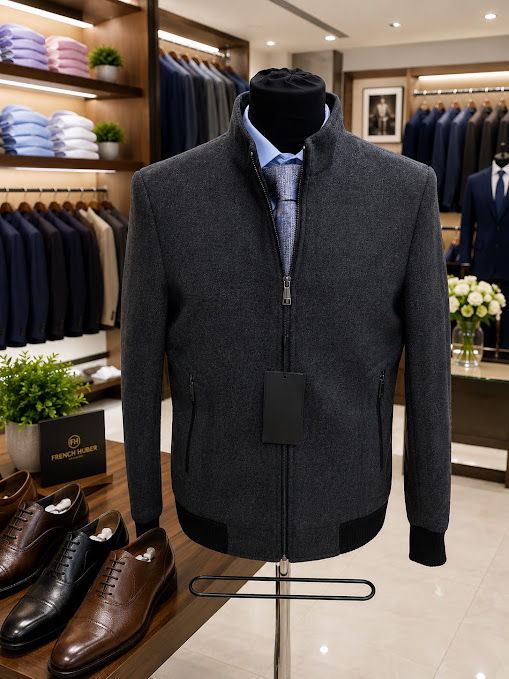 Men's Textured Grey Zip-Up Stand-Collar Jacket